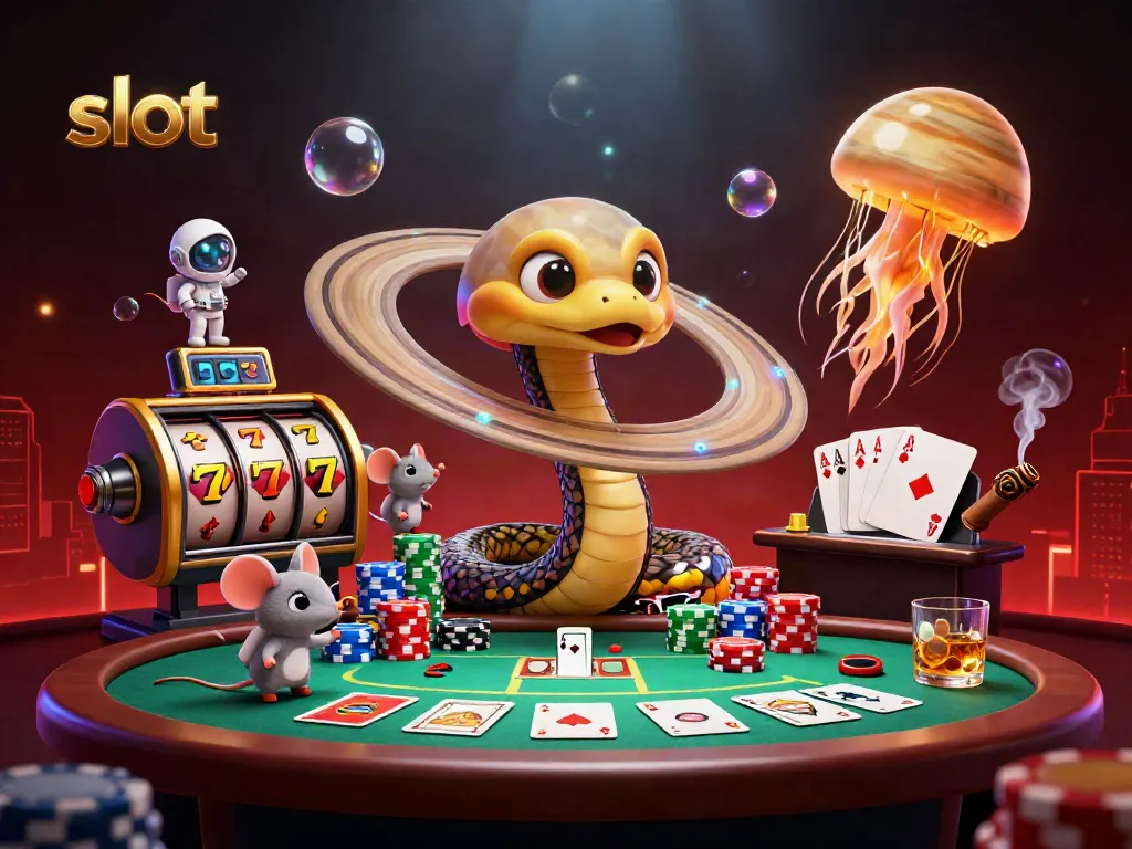 Slot mesin dengan karakter kartun 3D yang menyenangkan dan elemen permainan kasino yang kaya