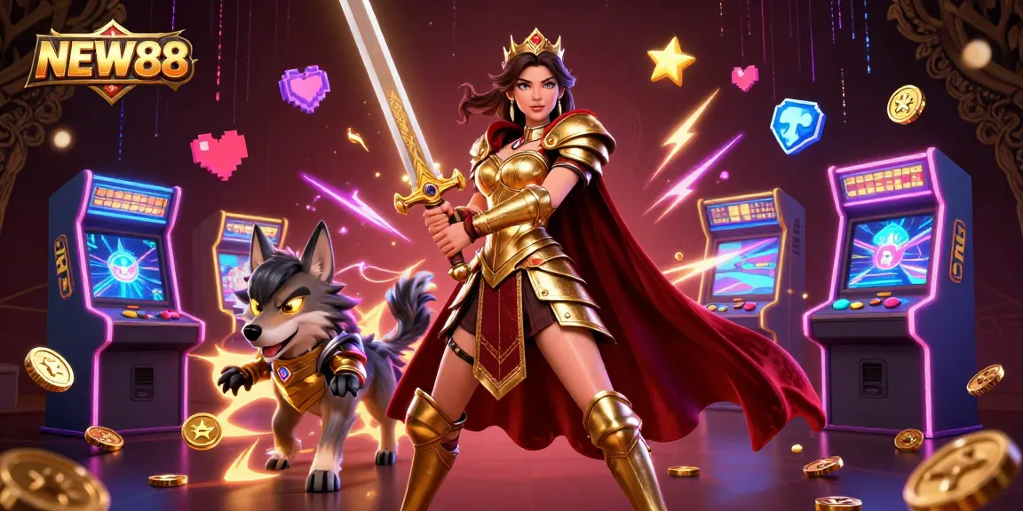 Experience the thrilling world of NEW88 with a warrior queen and her wolf in a dynamic casino scene.