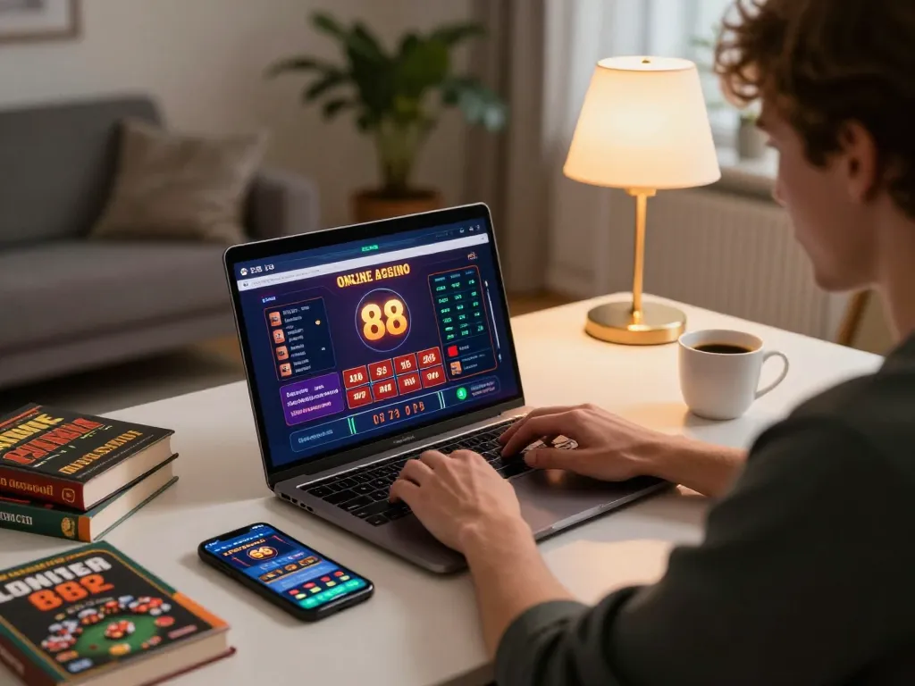 Player engaging diligently with the open 88 online casino interface, showcasing a cozy and strategic gaming atmosphere.