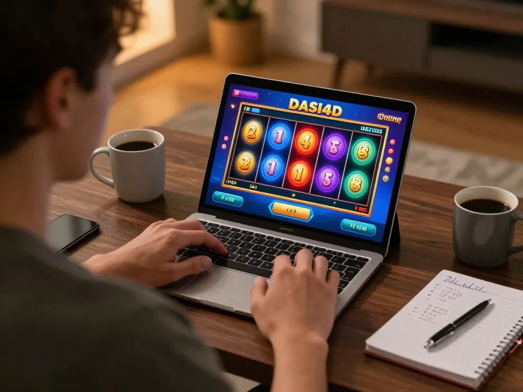 Pemain berinteraksi dengan permainan slot online dasi4d di tablet dalam suasana rumah yang nyaman