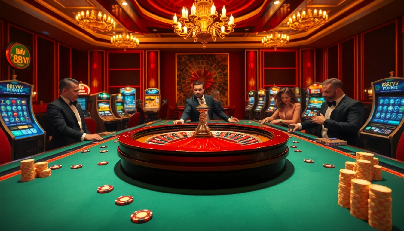 Gambling enthusiasts enjoying a roulette game at 88vv casino filled with excitement and luxury.