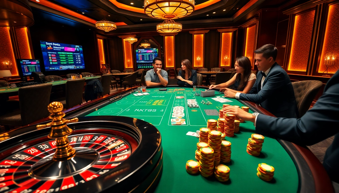 Exciting gambling scene showcasing kqbd with cards, roulette, and lively players in action.