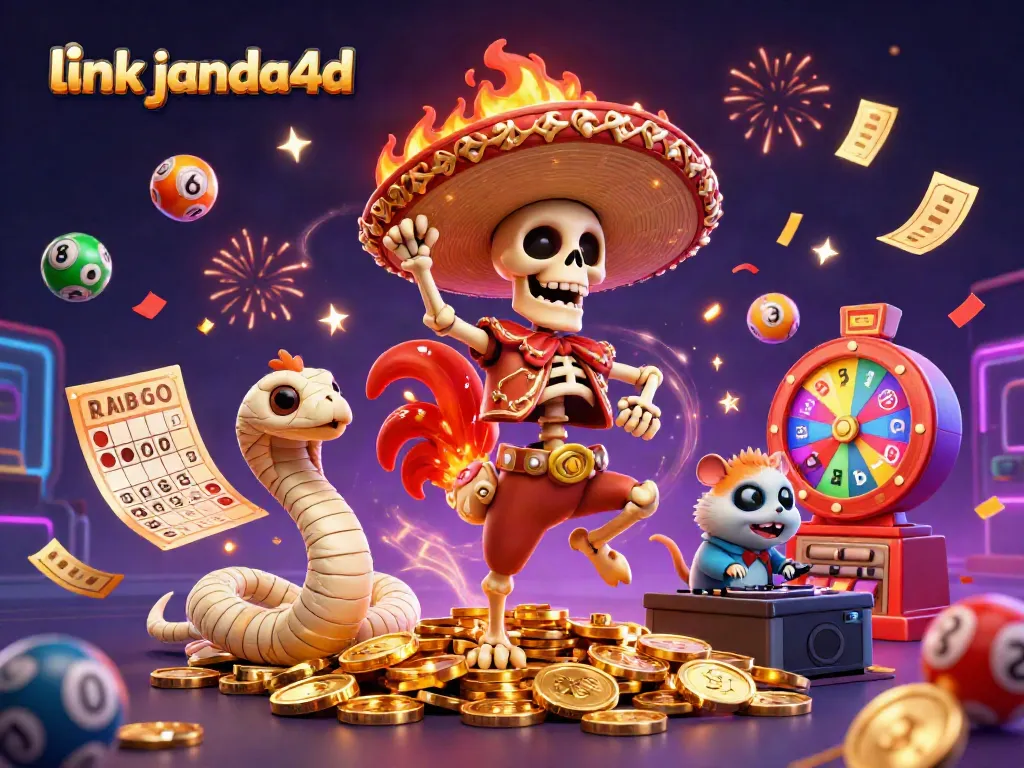 Menggambarkan suasana permainan di link janda4d dengan karakter 3D meriah pada latar penuh warna dan koin emas.