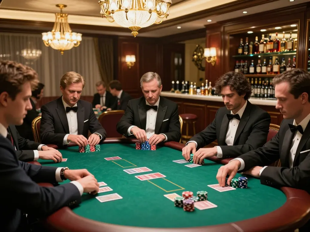 KJC poker players strategizing their next moves in an upscale gaming room with professional ambiance.