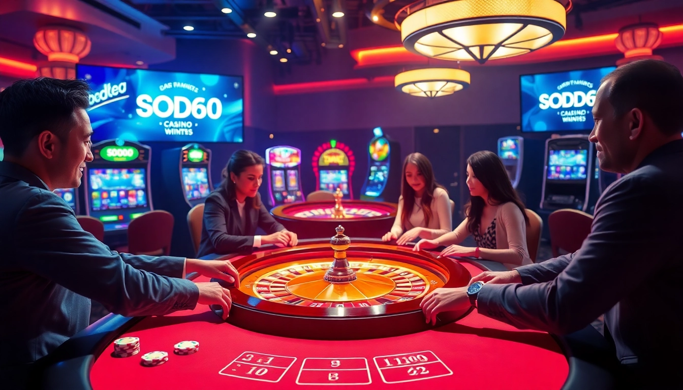 SODO66 players enjoying exciting games at a vibrant casino with poker chips and roulette.