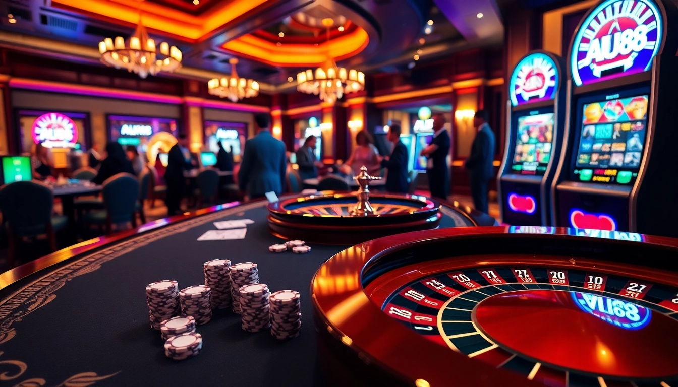 Experience the thrill of AU88 gaming with vibrant slot machines and elegant casino tables.