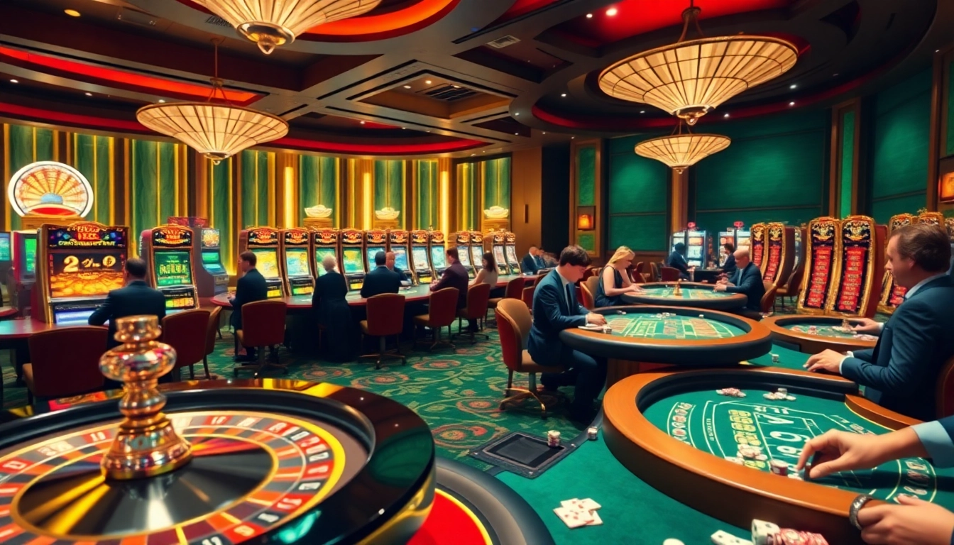 Experience the thrill of NEO79 casino with vibrant games, roulette tables and excited gamblers.