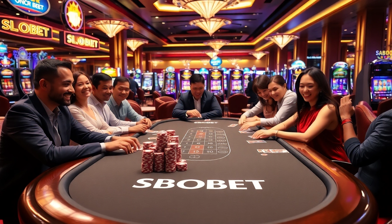 SBOBET poker table action with players engaged, high-stakes chips and vibrant atmosphere.