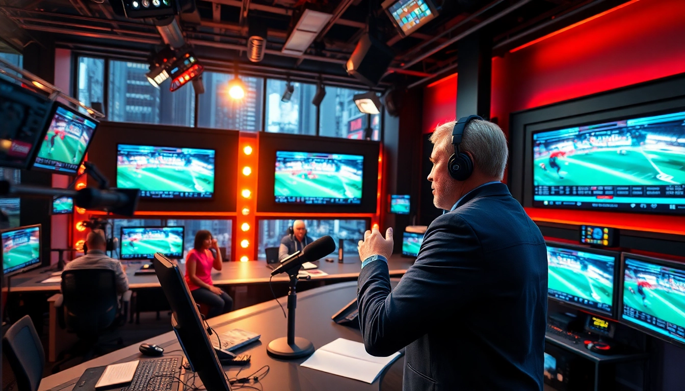 Engaging scene of sports broadcasting with anchor and modern equipment, showcasing Sports Broadcasting.