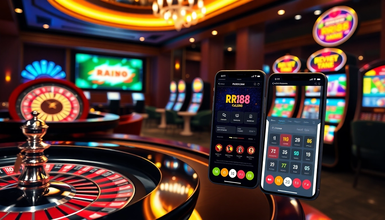 Players engage with exciting games at https://urr88.com/, featuring luxury casino tables and vibrant slot machines.