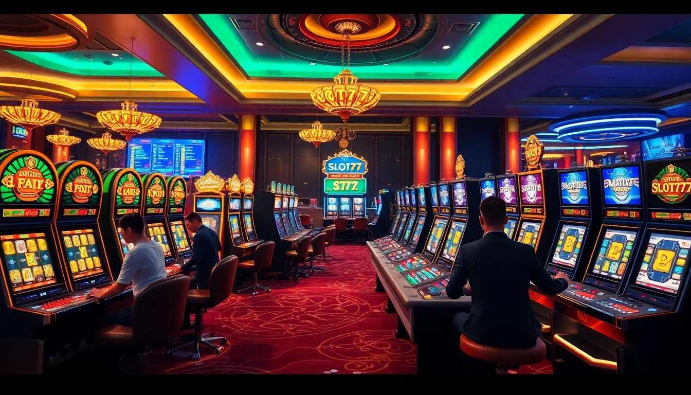 Experience the thrill of slot777 gaming at a luxurious casino scene with vibrant machines and eager players.