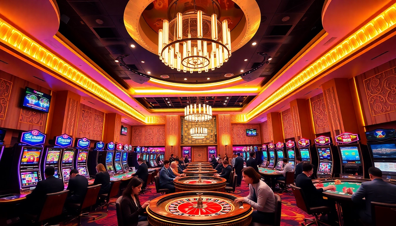 Cổng Game XIN88 featuring an exciting casino atmosphere with players at roulette and slot machines.