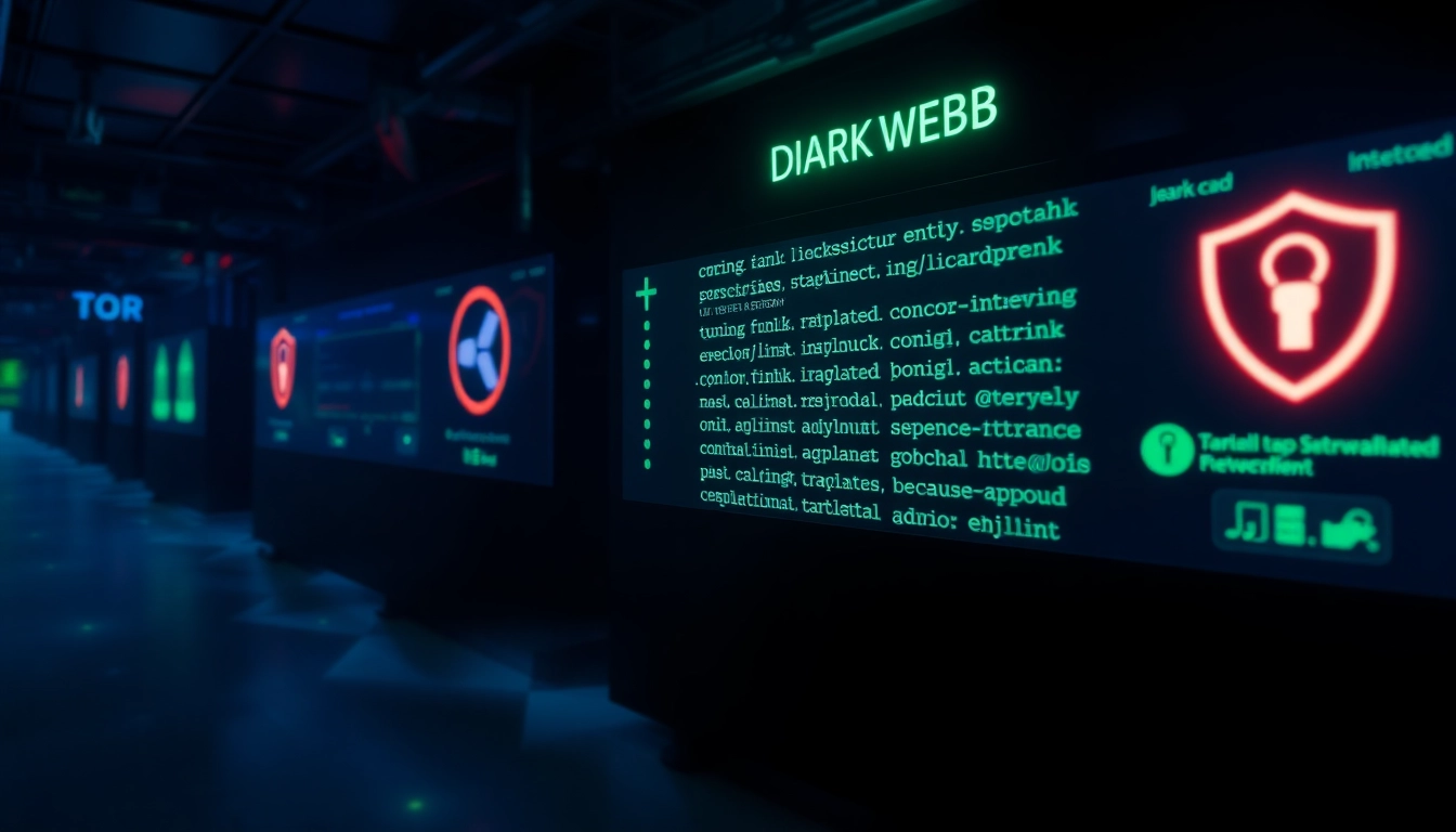 Visual representation of dark web directory interface featuring hidden wiki url with glowing links and cybersecurity elements.