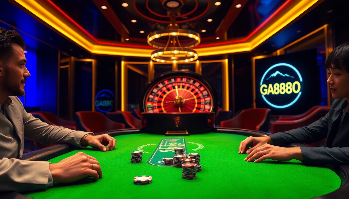 GA888 players enjoying an upscale poker game at a casino table with vibrant chips.