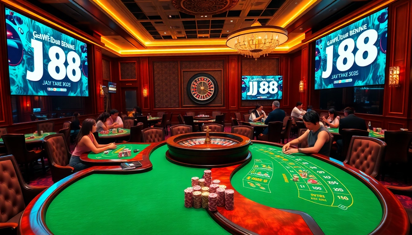 Experience high-stakes j88 gambling actions at an elegant casino with vibrant poker tables.