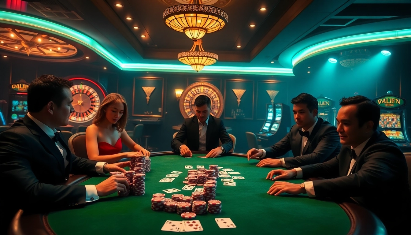 Intense poker players strategizing with bongdalu-themed cards and luxury chips in a vibrant casino scene.