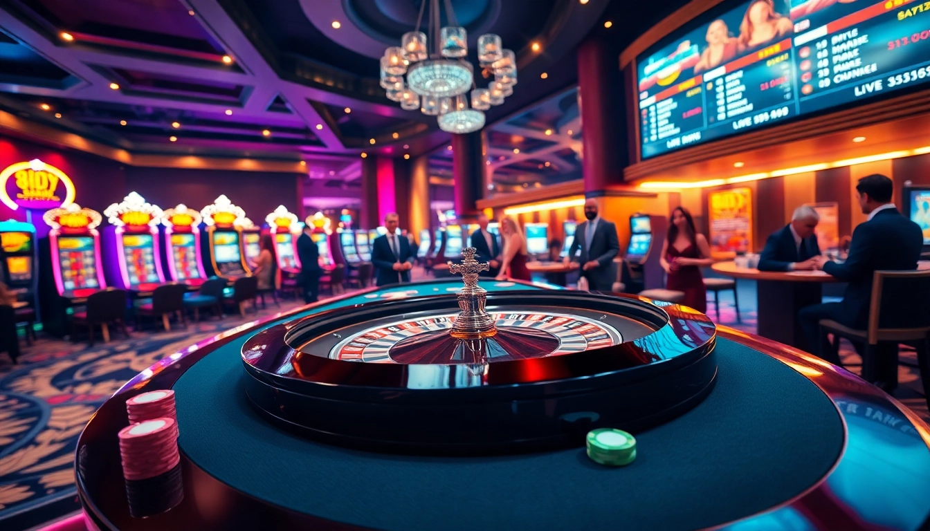 Experience thrilling gameplay at 8DAY with a luxurious casino atmosphere featuring roulette and slot machines.