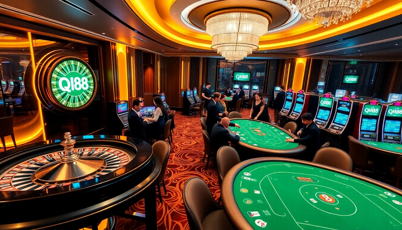 Players enjoying thrilling casino experiences at QH88 with roulette wheels and slot machines.