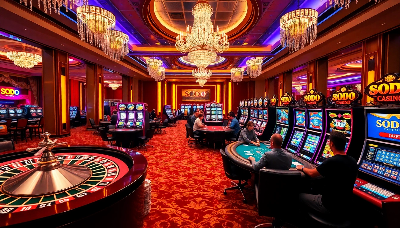 Exciting atmosphere of SODO CASINO with vibrant gaming tables and slot machines.