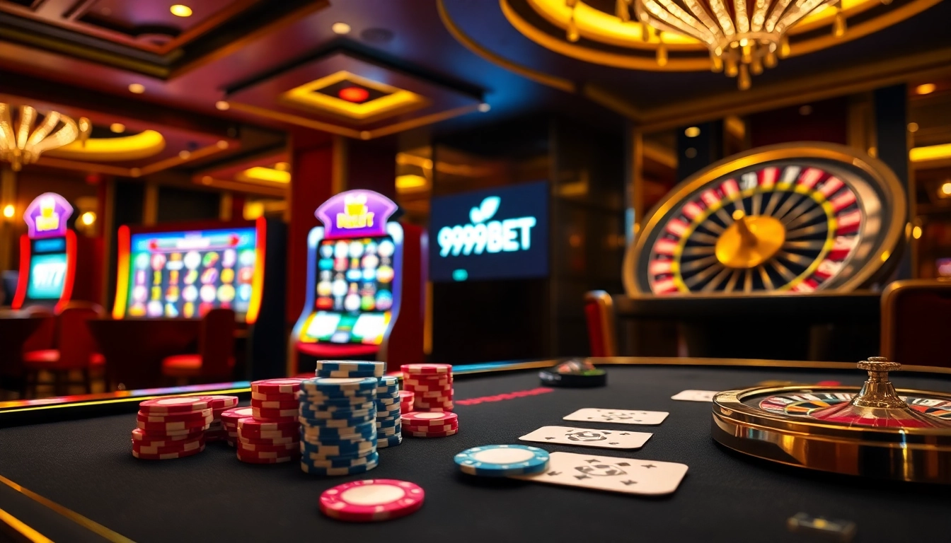 Casual gamers enjoying a lively session at a 999BET casino table with vibrant poker chips.