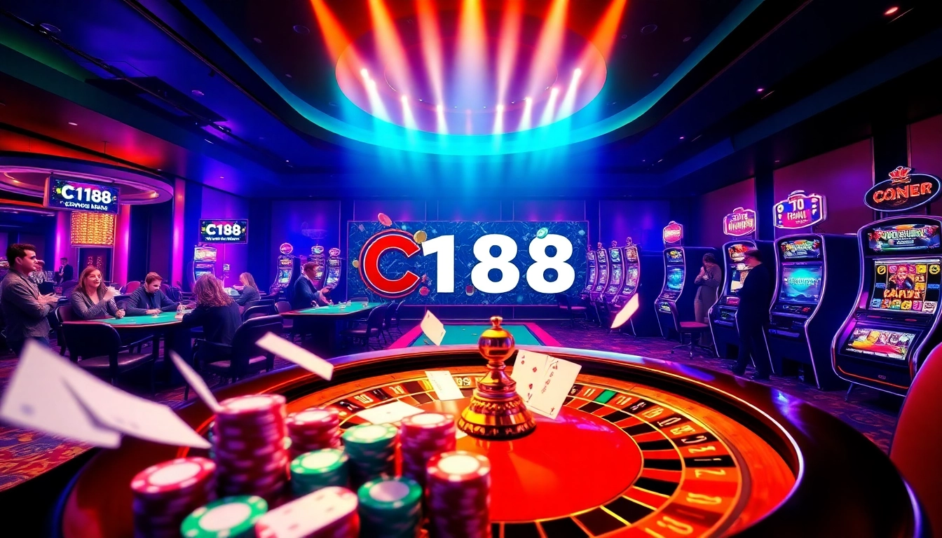 C168 slot machines and poker tables display thrilling gambling action in a luxurious casino setting.