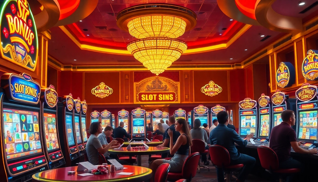 Players enjoying exciting slot bonuses at colorful casino machines in a vibrant gambling atmosphere.