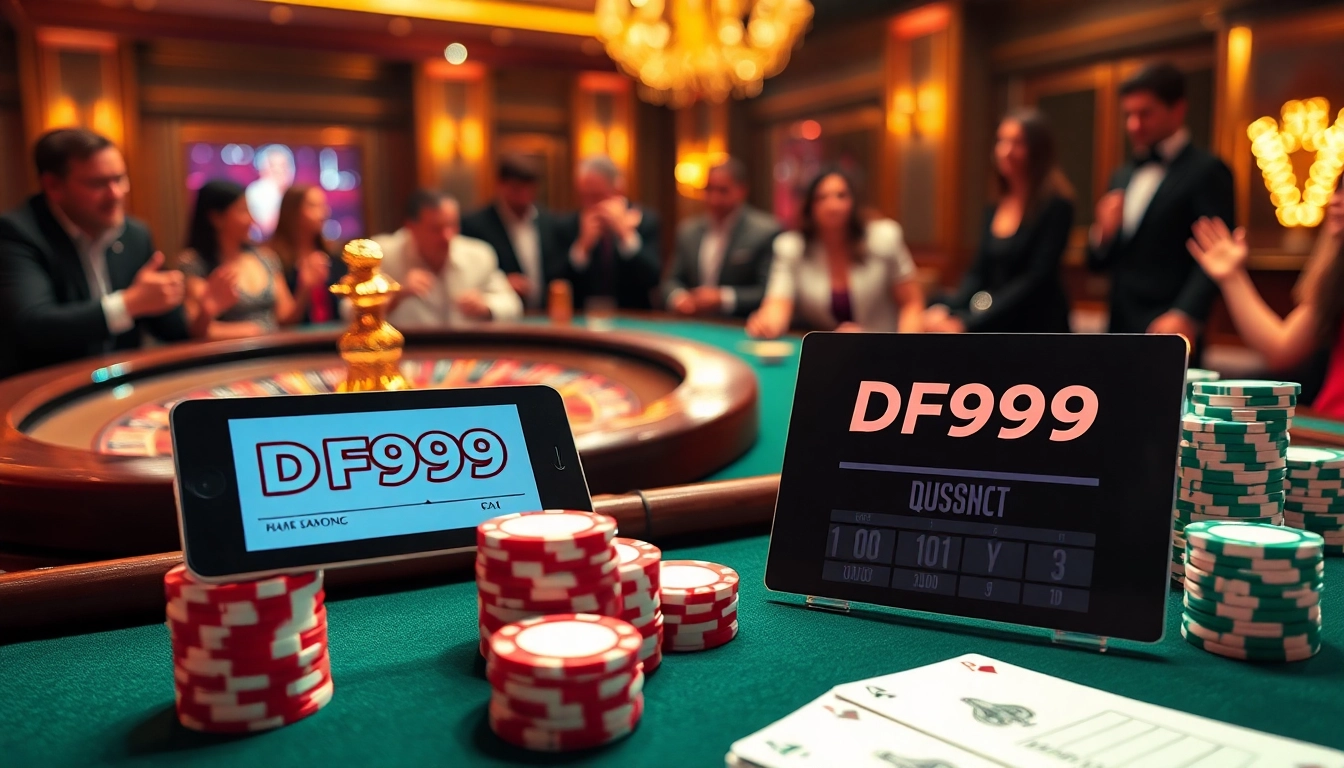 Engaged players enjoying poker at DF999, featuring vibrant chips and high-quality cards.