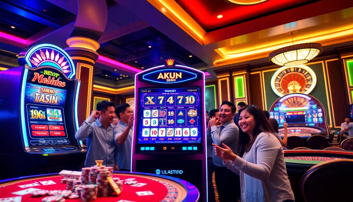 Players enjoy the excitement of akun demo gaming at a vibrant casino slot machine.