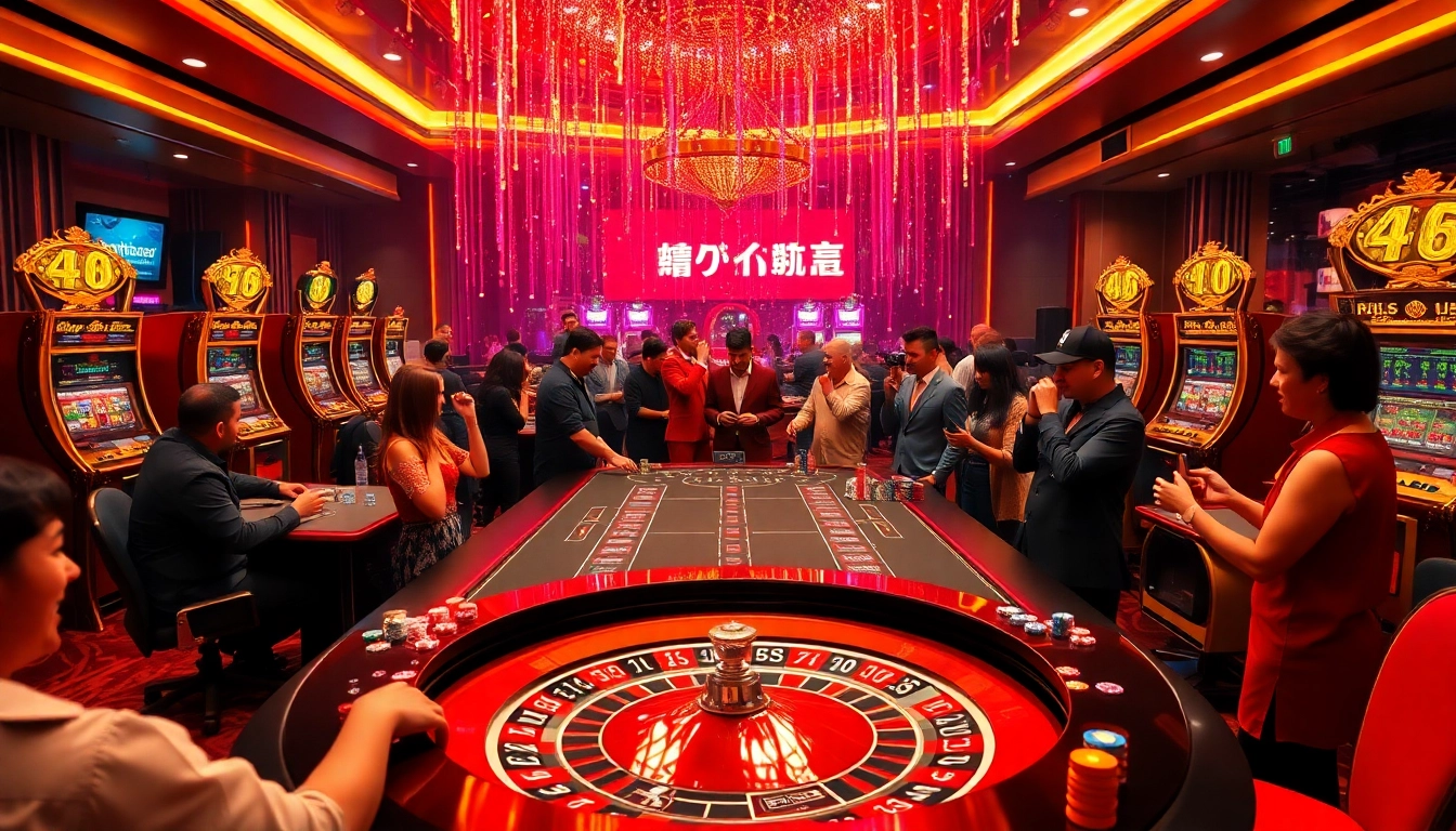 Engaging action of แทงบอลโลก at a vibrant casino, featuring excited players and betting tables.