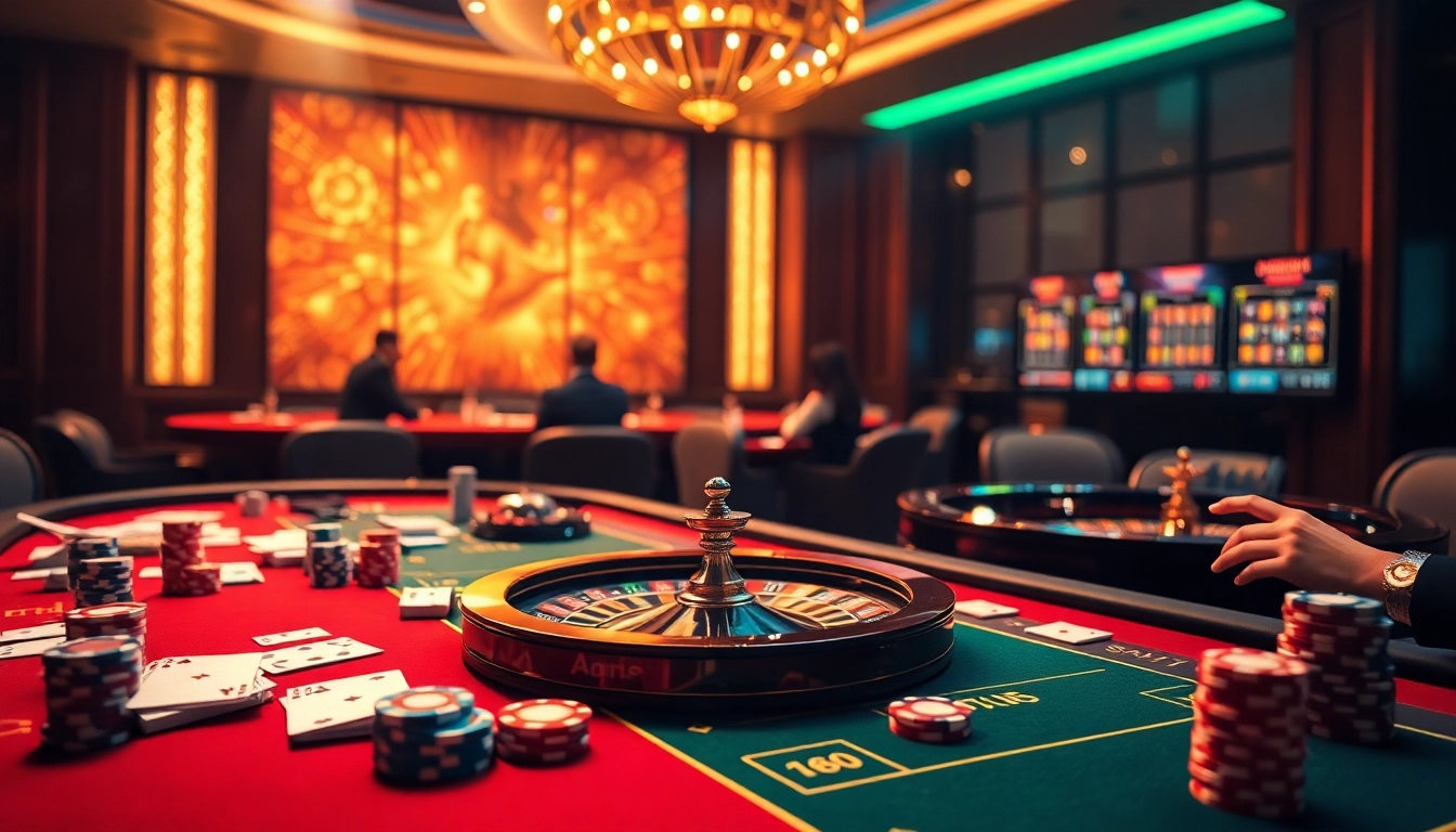 Players enjoying high-stakes poker at nhà cái kjc, surrounded by luxury and excitement in a casino setting.