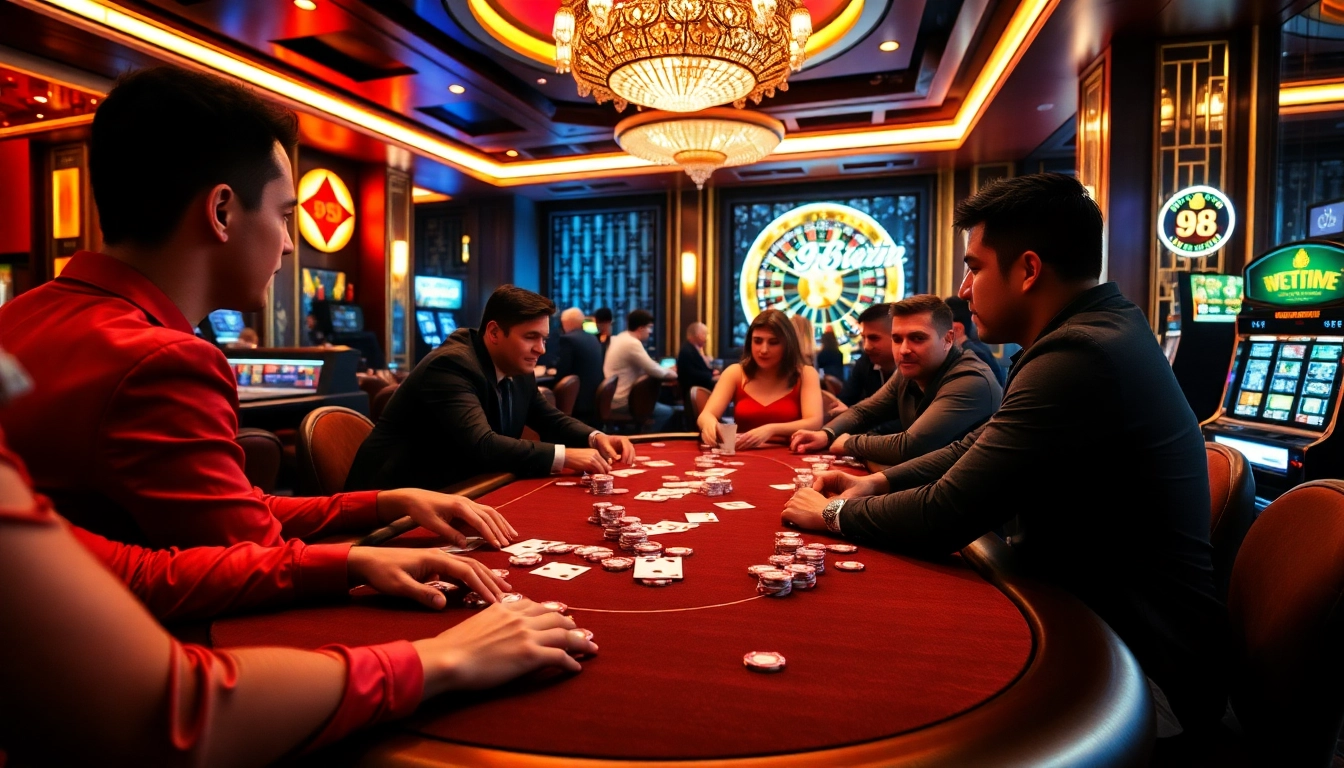 Players at the 98win club engage in an intense game of poker with colorful chips and cards.