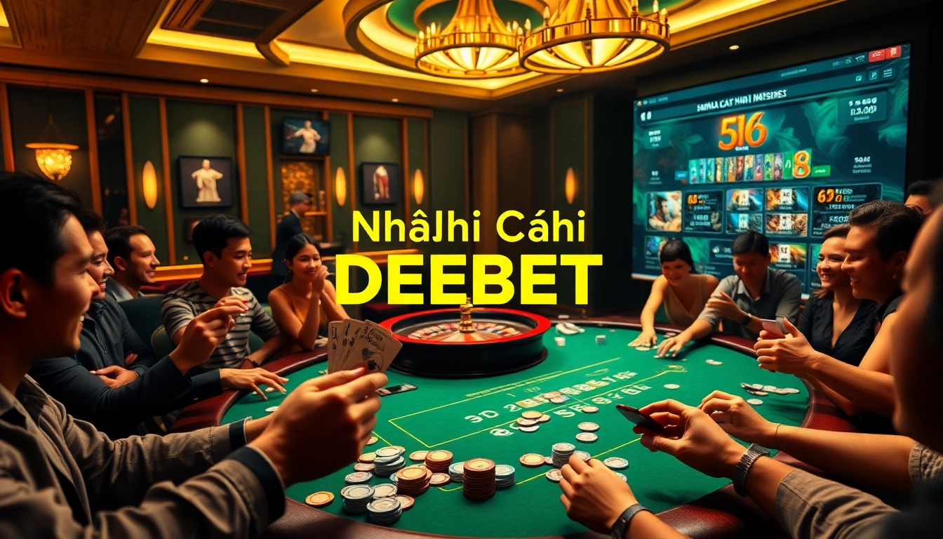 A dynamic gaming scene at Nhà Cái DEBET featuring poker players, roulette wheel, and digital betting interface.