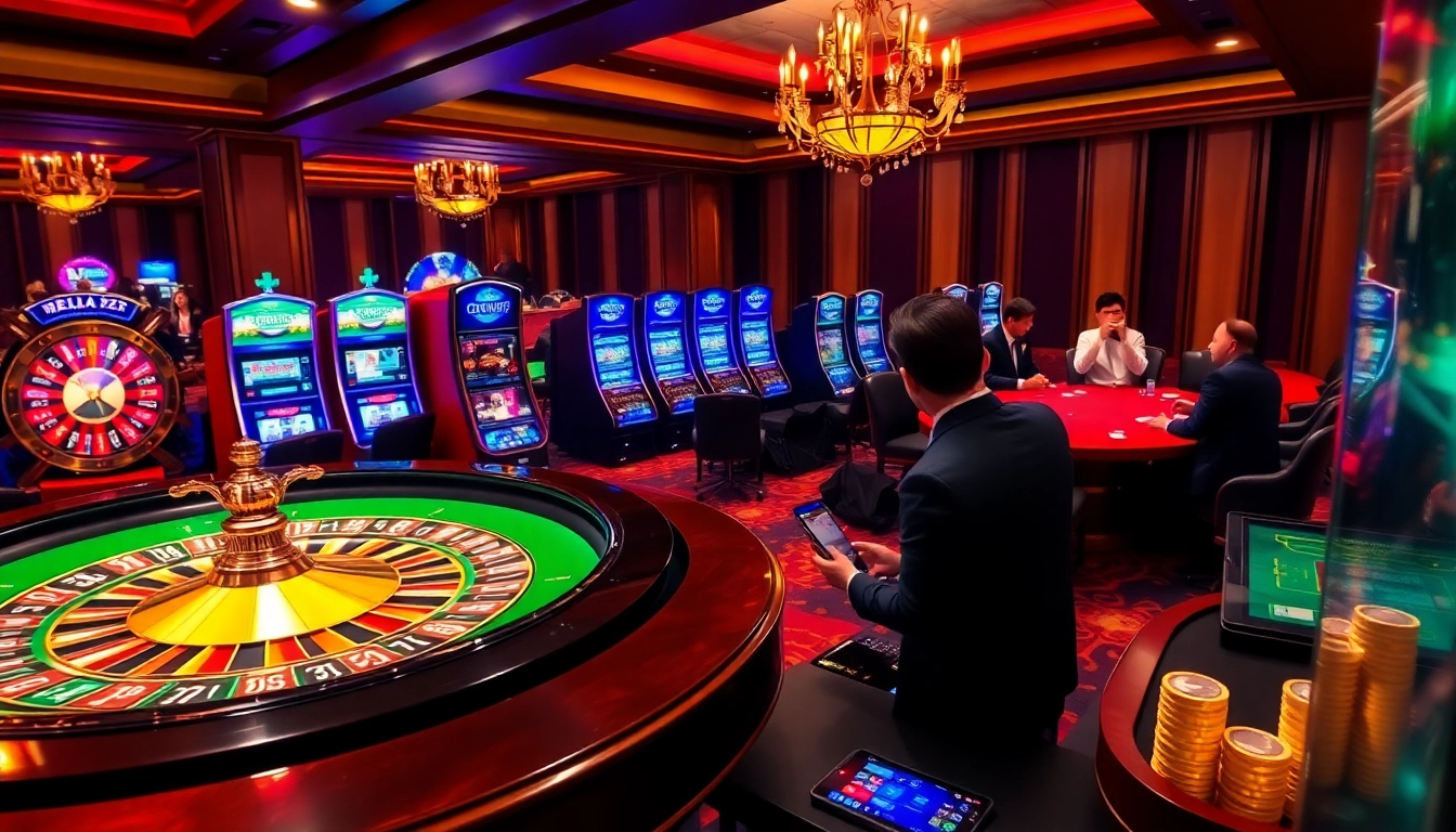 Thrilling gambling experience featuring tg88 app on digital screens with casino tables and slot machines.