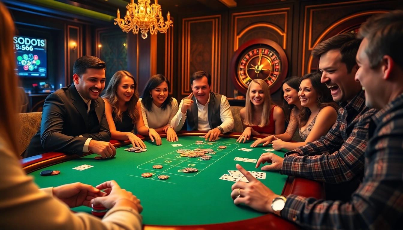 Players enjoying an exciting poker game at SODO66 casino, featuring vibrant chips and cards.