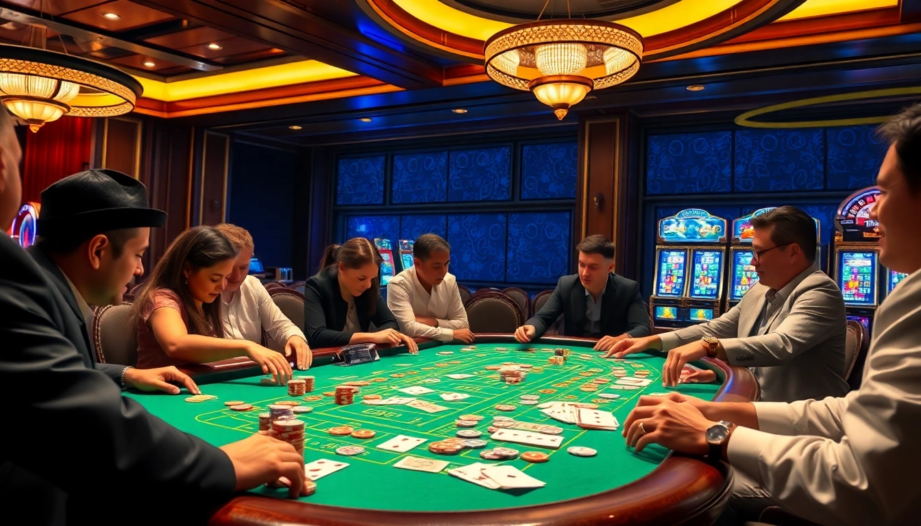 Players enjoying a thrilling c168 game at an elegant casino table with colorful chips and cards.