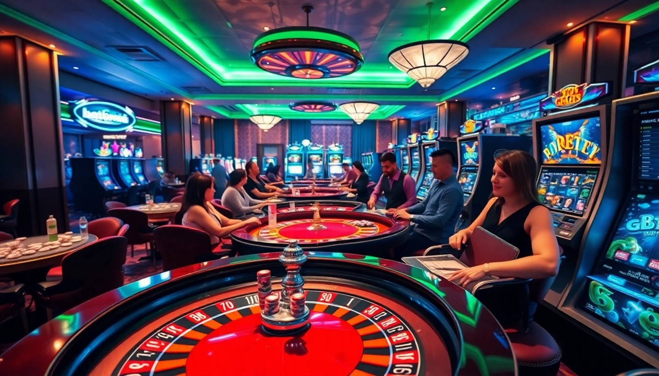 An exciting casino scene showcasing gamers at bet88 .com, featuring roulette, poker tables, and slot machines.