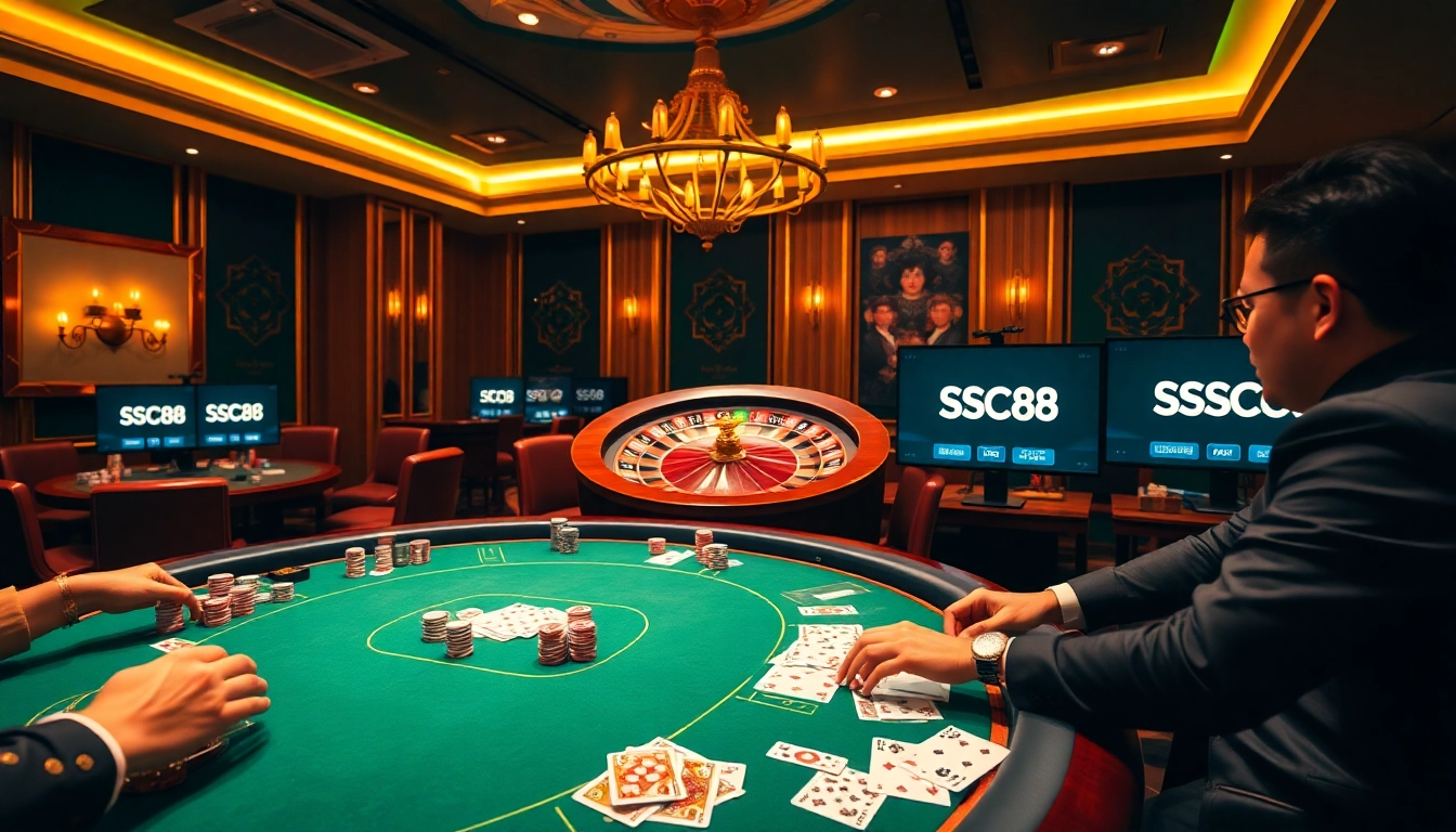 Experience Thương Hiệu Cá Cược SC88 at a luxurious online casino with vibrant poker tables and exciting gameplay.