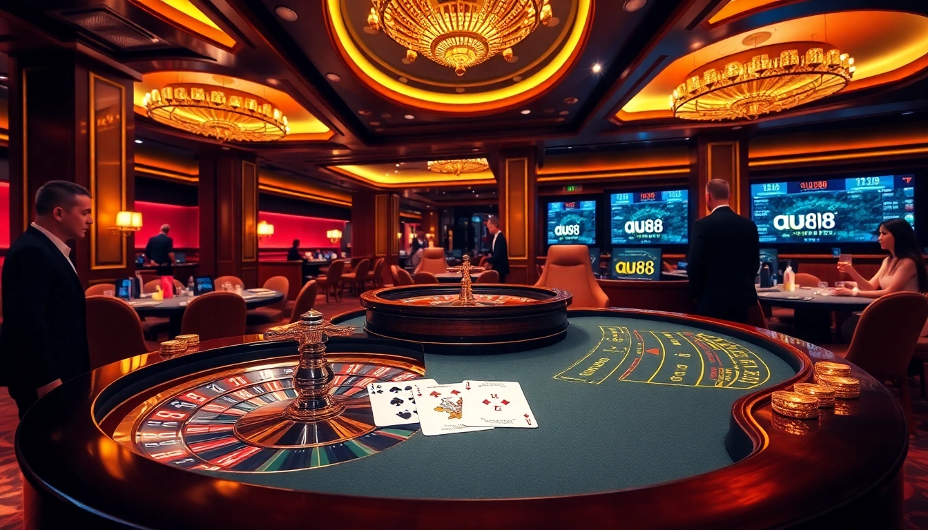 Players enjoying a vibrant casino experience at AU88, with roulette and blackjack games in action.