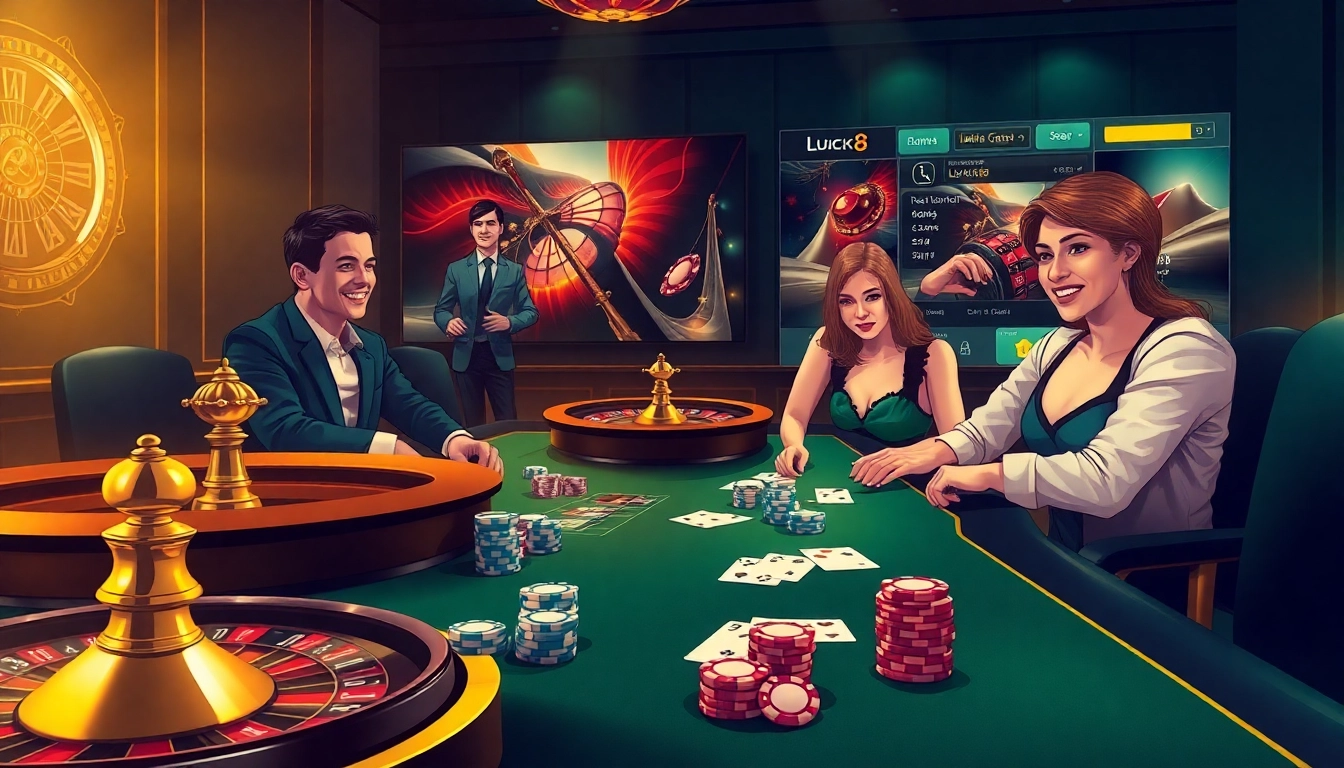 LUCK8 casino scene showcasing a luxurious poker game with vibrant atmosphere and thrilling excitement.