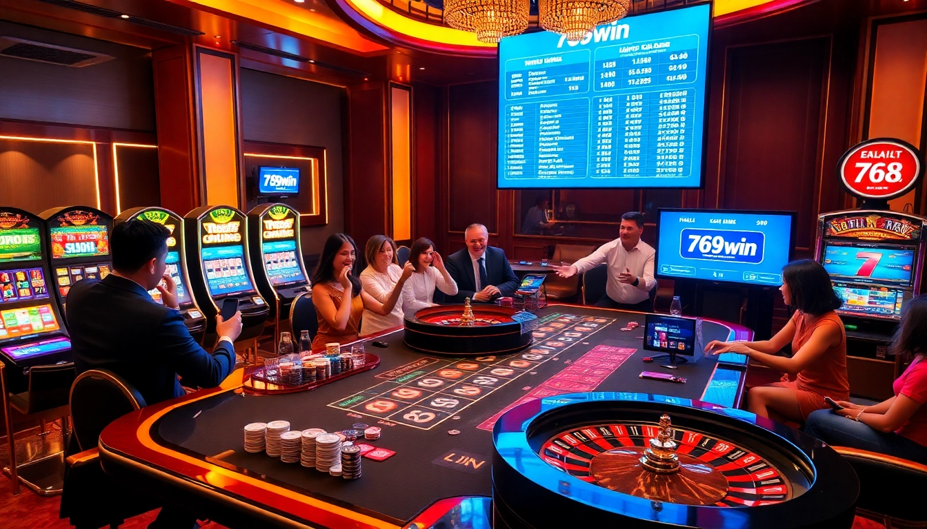 Excited players enjoy engaging games at the 789win casino table illuminated by vibrant lights.