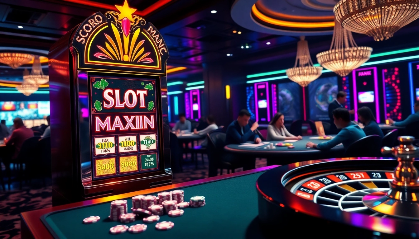 Experience thrills with Slot Maxwin at a vibrant casino featuring elegant slot machines and gaming tables.