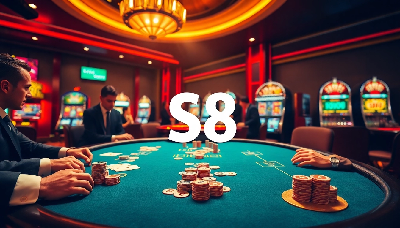 S8 casino players strategizing over poker chips and cards, capturing the thrill of high-stakes gambling.