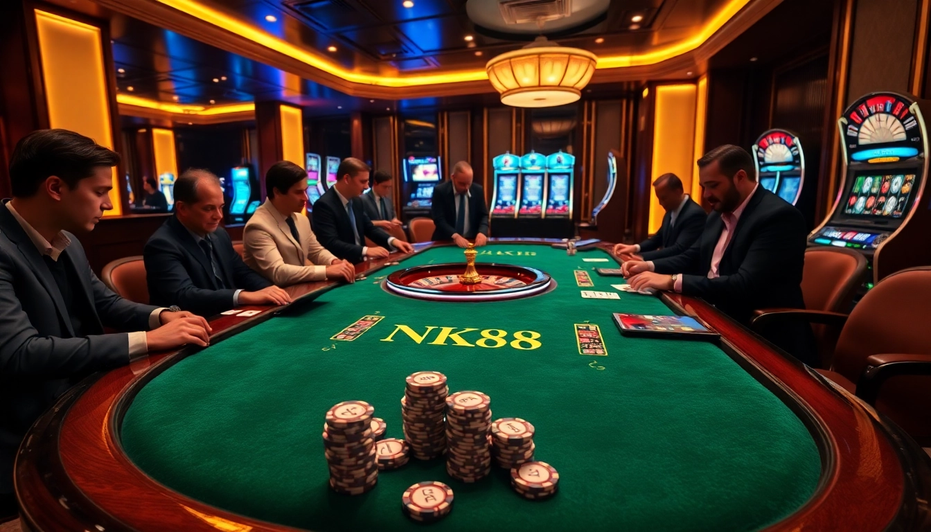 Professional gamblers engaging in strategic betting with NK88 poker chips at a casino table