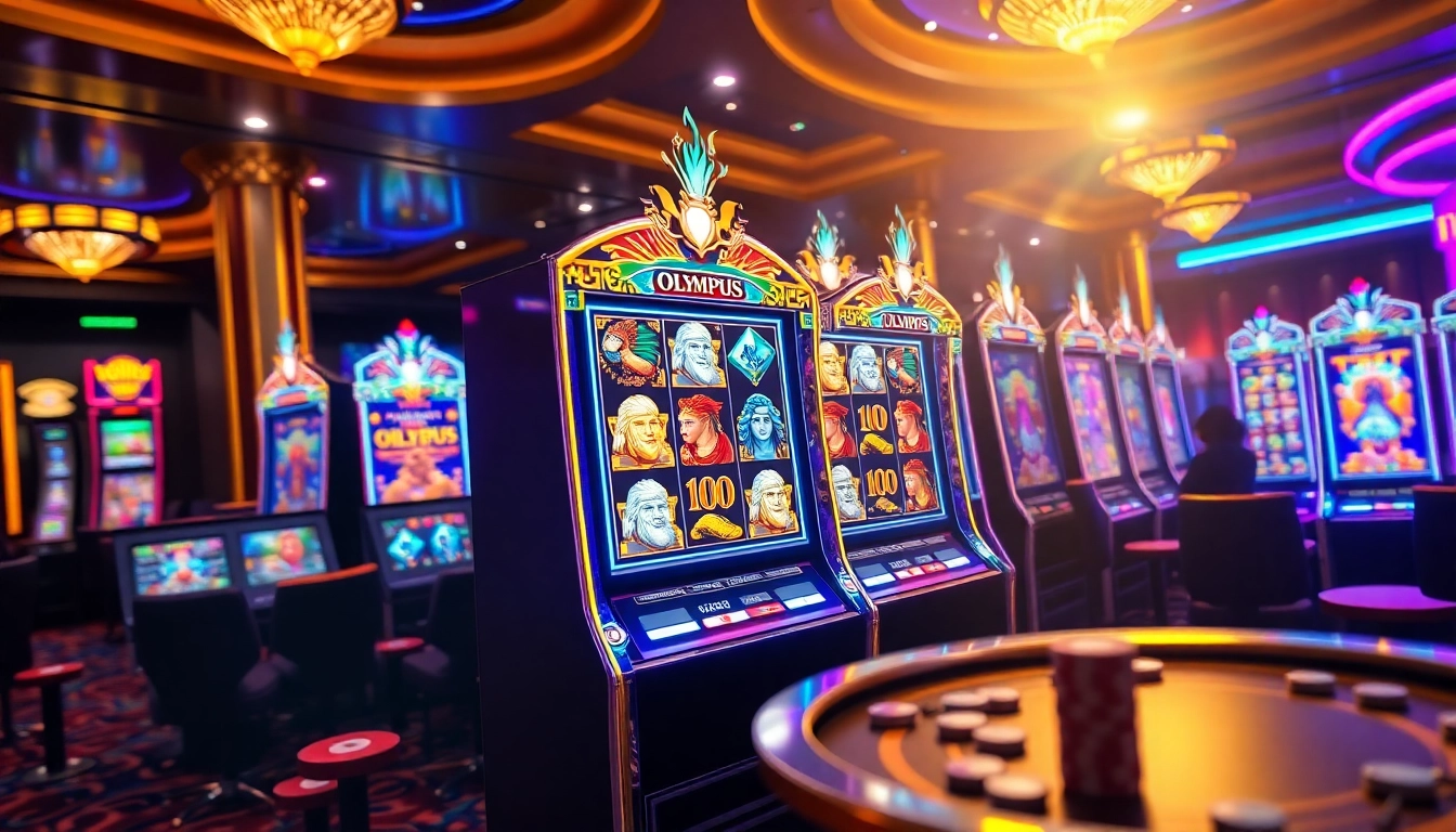 Spin the Olympus slot machine while surrounded by colorful casino lights and luxury settings.