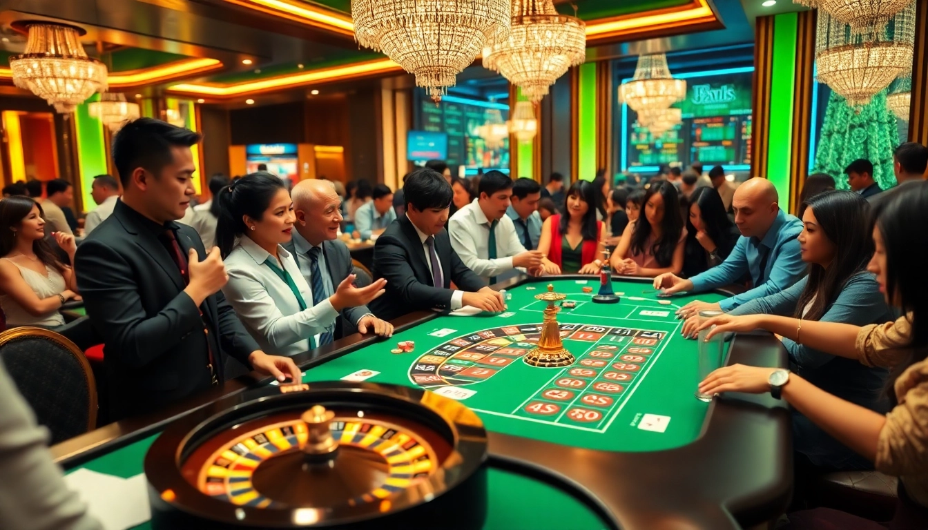 Players engaging in Judi Bola betting at a luxurious casino table with vibrant chips and betting slips.