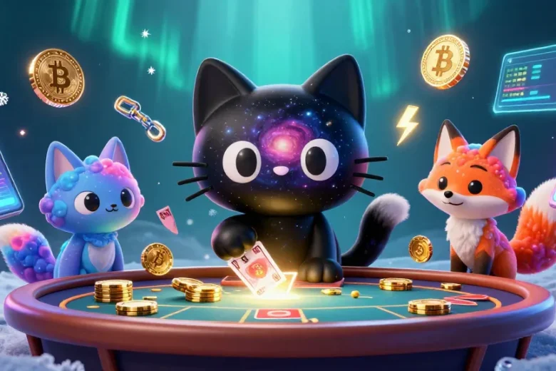 Engage with the vibrant cosmic casino scene featuring sunwin3 character elements like crypto coins.