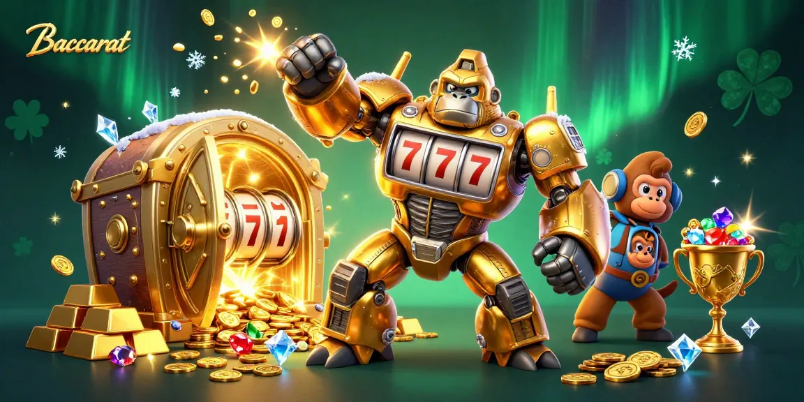 Experience thrilling Baccarat action with the dynamic golden gorilla mech amid treasures.