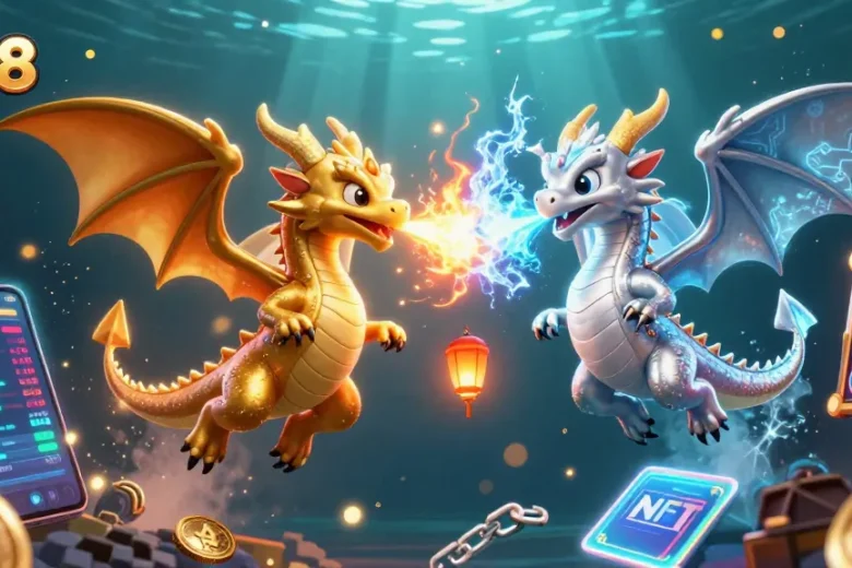 Win big at RR88 with dynamic dragons and cryptocurrency elements in this exciting 3D illustration.